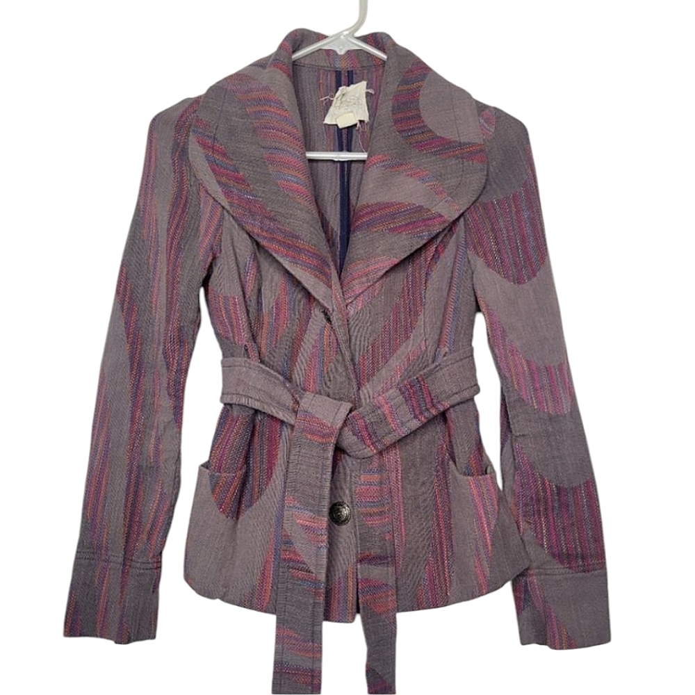 Anthropologie × Cidra Belted Peacoat Embroidered Jacket Gray Purple Swirl Y2K 0